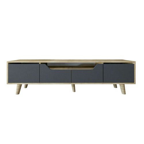 Long Meuble TV 4 Portes Grises Et Cadre Clair 180 Cm Marfa