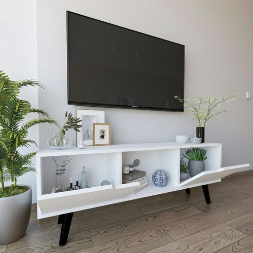 Petit Meuble TV Blanc 2 Portes à Poignées Intégrées Marfa