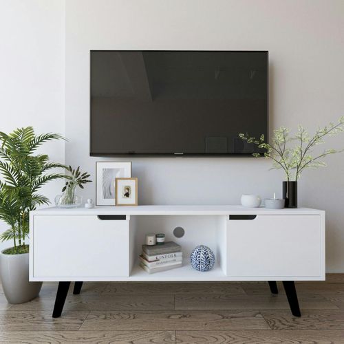 Petit Meuble TV Blanc 2 Portes à Poignées Intégrées Marfa