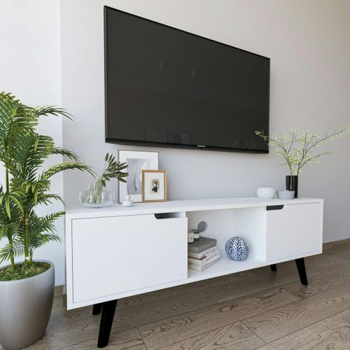 Petit Meuble TV Blanc 2 Portes à Poignées Intégrées Marfa