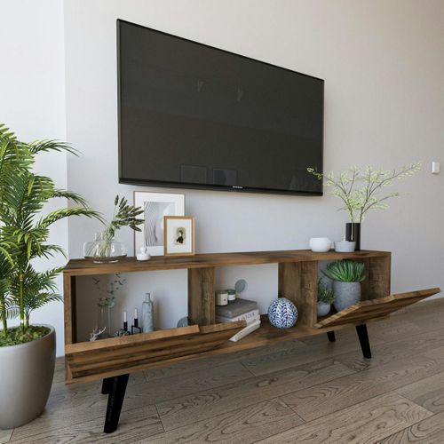 Petit Meuble TV 2 Portes Effet Bois Foncé Pieds Noirs Marfa