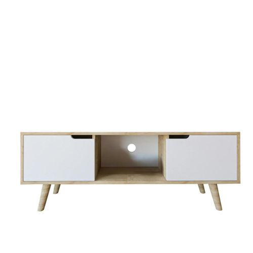 Petit Meuble TV 2 Portes Blanches Cadre Effet Bois Clair Marfa