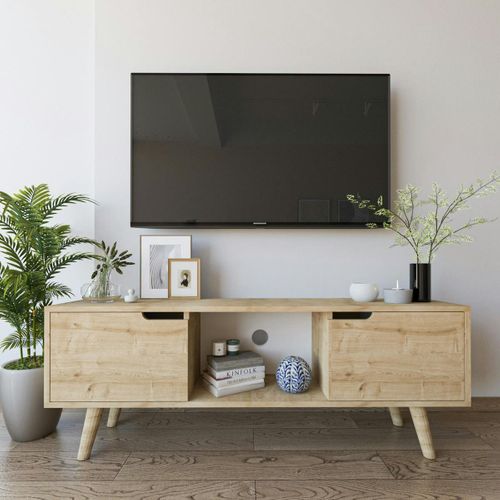 Petit Meuble TV 2 Portes Effet Bois Clair Poignées Intégrées Marfa