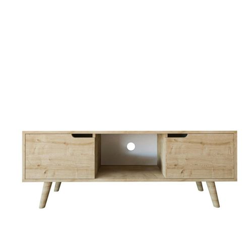 Petit Meuble TV 2 Portes Effet Bois Clair Poignées Intégrées Marfa