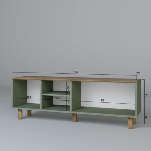 Meuble TV Cannage, 3 Portes Sauge Plateau Effet Chêne Varen