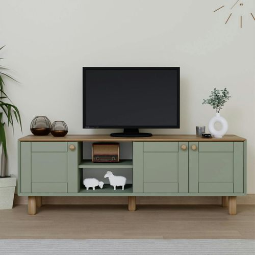 Meuble TV 3 Portes Vert Sauge Et Plateau Effet Chêne Varen