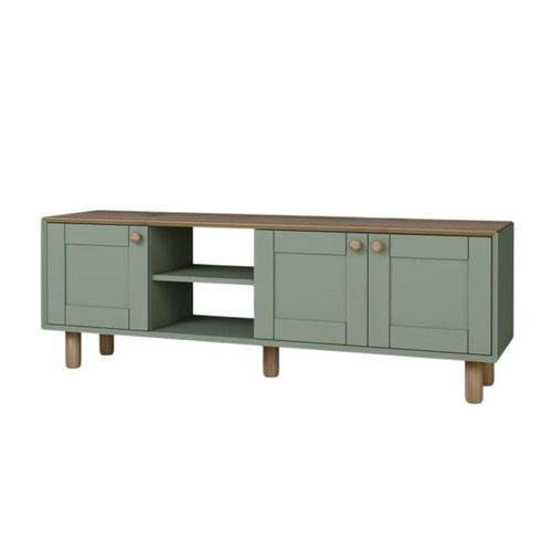 Meuble TV 3 Portes Vert Sauge Et Plateau Effet Chêne Varen