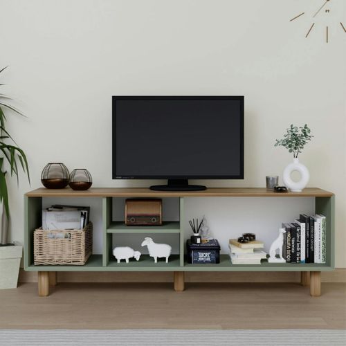 Meuble TV 3 Portes Vert Sauge Et Plateau Effet Chêne Varen