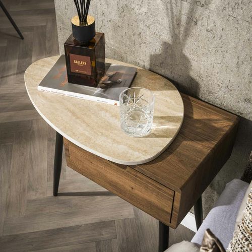 Table De Chevet 1 Tiroir, Céramique Et Effet Bois (g) Ascoli