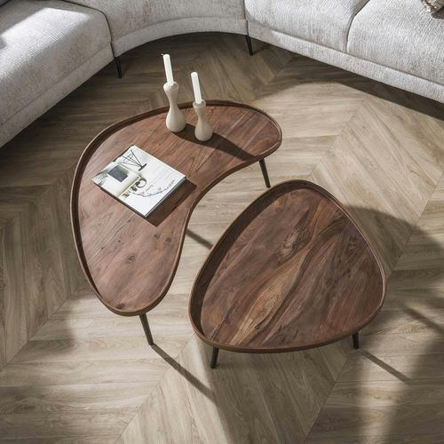 Table Basse Bois Brun Forme Organique à Rebords (x2) Nako