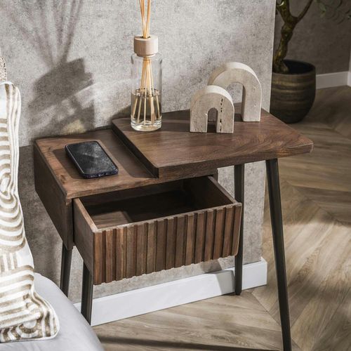 Table De Chevet Bois Brun 2 Plateaux et Tiroir Rainuré (d) Nako