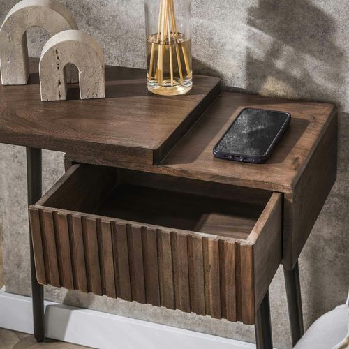Table De Chevet Bois Brun 2 Plateaux et Tiroir Rainuré (g) Nako