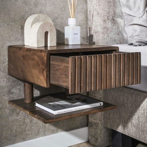 Table De Chevet Murale Bois Brun, Tiroir et Étagère Nako