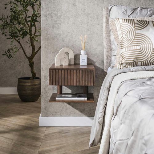 Table De Chevet Murale Bois Brun, Tiroir et Étagère Nako