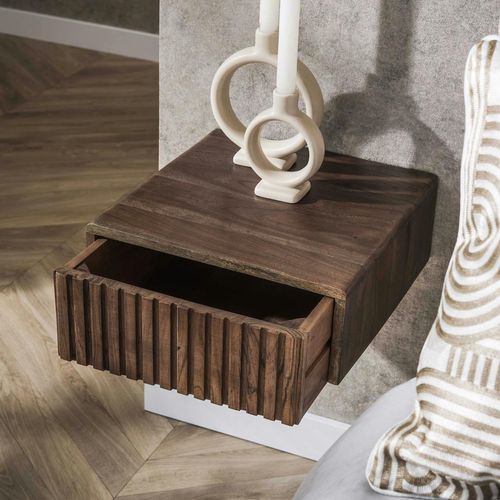 Table De Chevet Murale Bois Brun, Tiroir Rainuré (x2) Nako