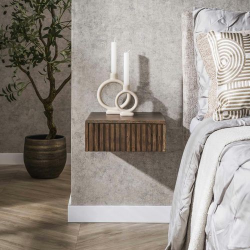 Table De Chevet Murale Bois Brun, Tiroir Rainuré (x2) Nako