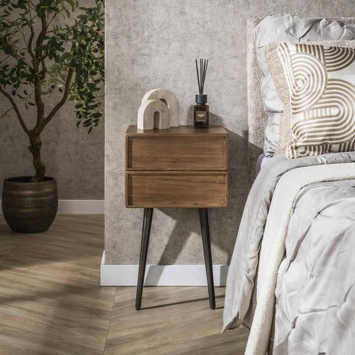Table De Chevet Bois D’acacia Brun, 2 Tiroirs Moulurés Nako