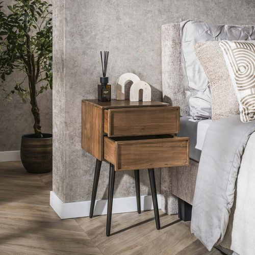 Table De Chevet Bois D’acacia Brun, 2 Tiroirs Moulurés Nako