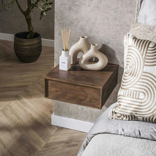 Table De Chevet Murale Bois Brun, Tiroir Mouluré (x2) Nako