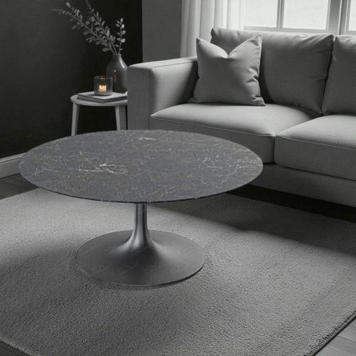 Table Basse Ronde Céramique Grise Marbrée, Pied Tulipe Ligurie