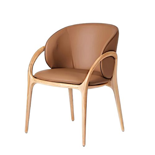 Chaise En Cuir Marron Dos Rond Accoudoirs Bois Clair Alder