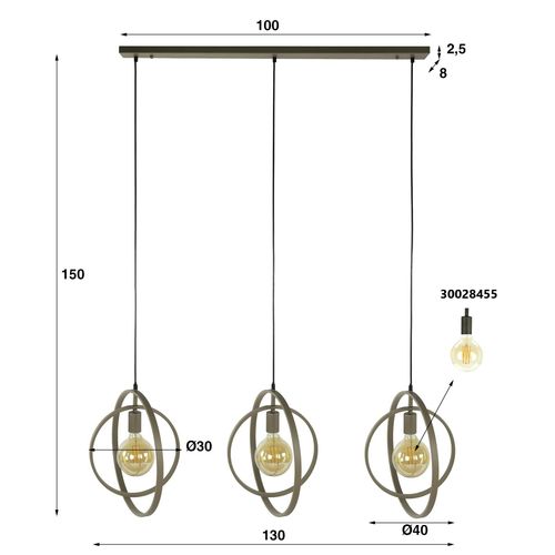 Suspension Îlot Beige Mat, 3 Anneaux Pivotants Métal Tribeca