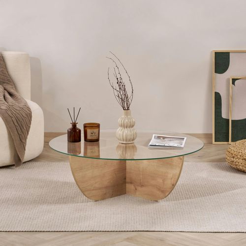 Table Basse Ronde En Verre Pied Croisé Effet Bois Salta