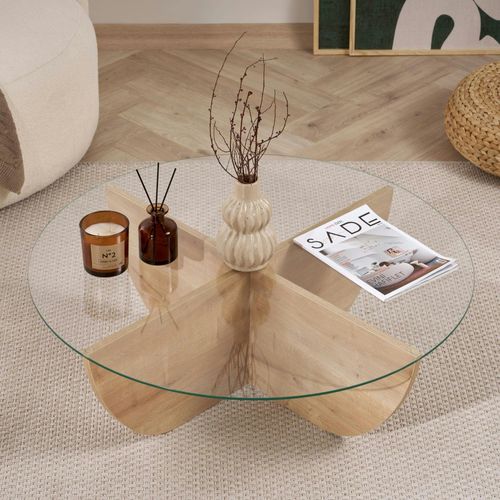Table Basse Ronde En Verre Pied Croisé Effet Bois Salta