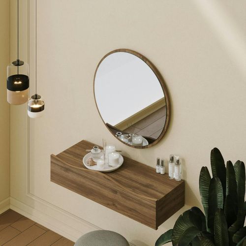 Coiffeuse Murale Effet Bois Foncé Avec Miroir, 2 Tiroirs Marfa