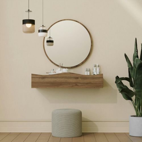 Coiffeuse Murale Effet Bois Foncé Avec Miroir, 2 Tiroirs Marfa