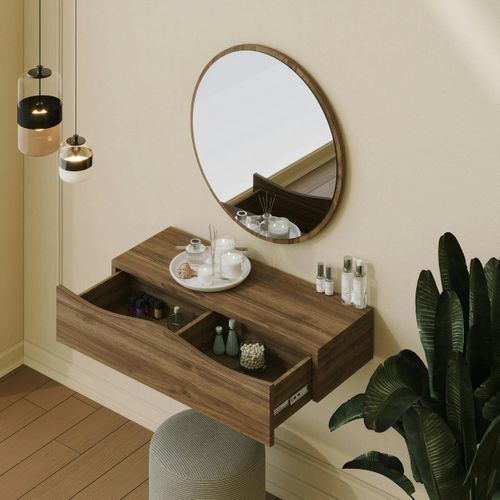 Coiffeuse Murale Effet Bois Foncé Avec Miroir, 2 Tiroirs Marfa