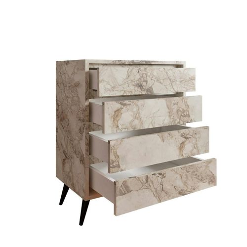 Commode Moderne 4 Tiroirs Effet Marbre, Pieds Noirs Marfa