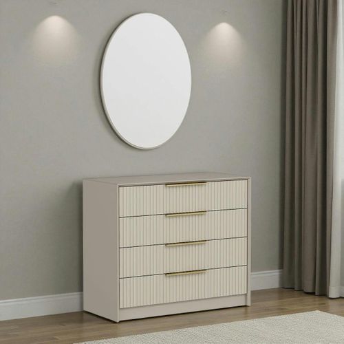 Commode Moderne Beige 4 Tiroirs, Miroir Assorti Byron