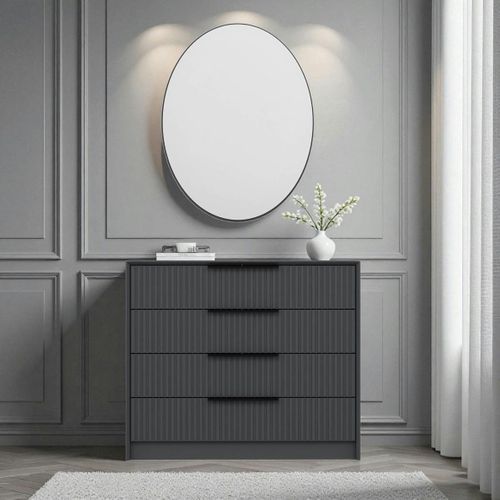 Commode Moderne Grise 4 Tiroirs, Miroir Assorti Byron
