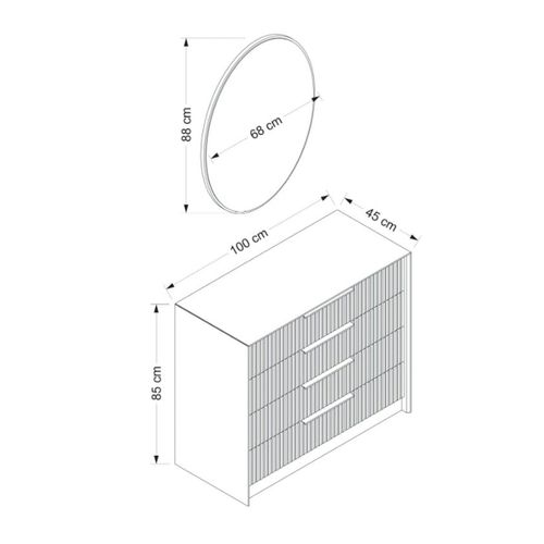 Commode Moderne Grise 4 Tiroirs, Miroir Assorti Byron