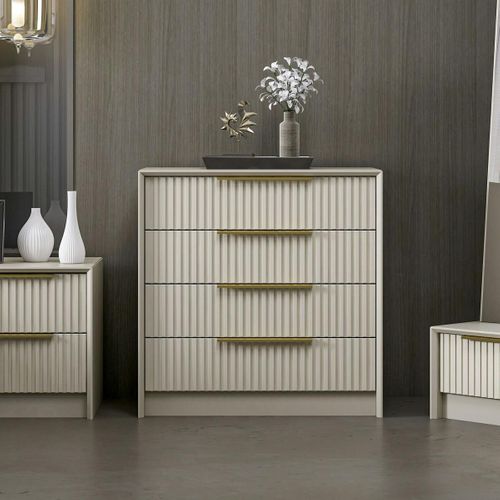 Commode Moderne 4 Tiroirs Beige, Façade Rainurée Byron