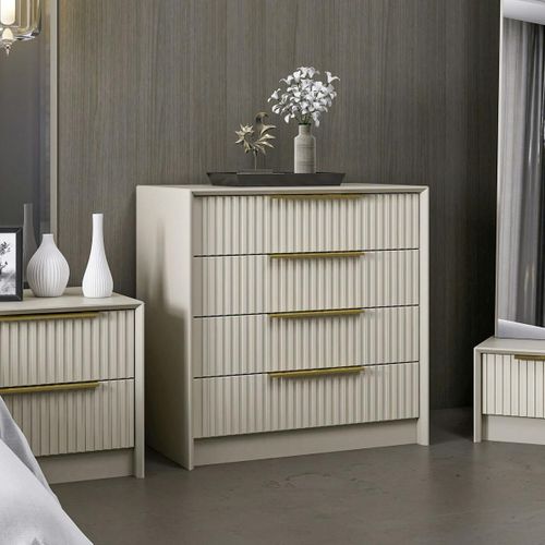 Commode Moderne 4 Tiroirs Beige, Façade Rainurée Byron