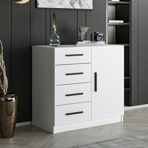 Commode Blanche Moderne 4 Tiroirs Rangement 1 Porte Marfa