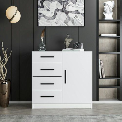 Commode Blanche Moderne 4 Tiroirs Rangement 1 Porte Marfa