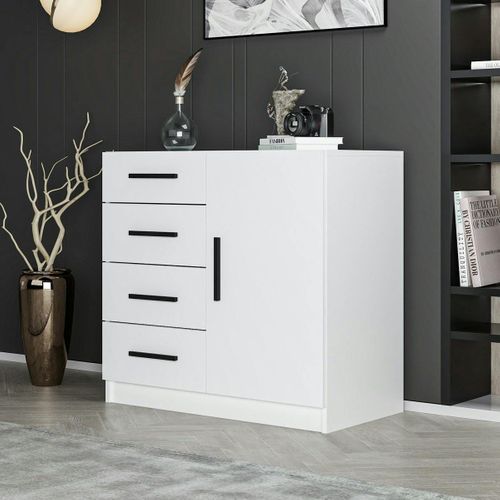 Commode Blanche Moderne 4 Tiroirs Rangement 1 Porte Marfa