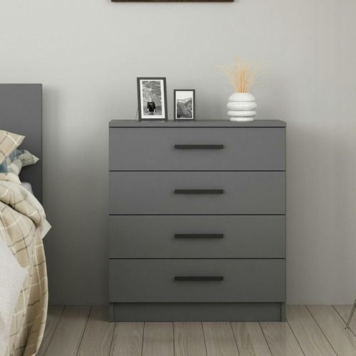 Commode Grise Moderne 4 Tiroirs, Poignées Noires Marfa