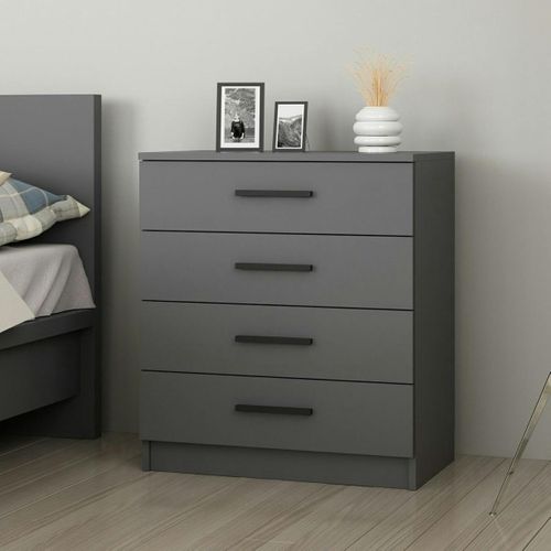 Commode Grise Moderne 4 Tiroirs, Poignées Noires Marfa