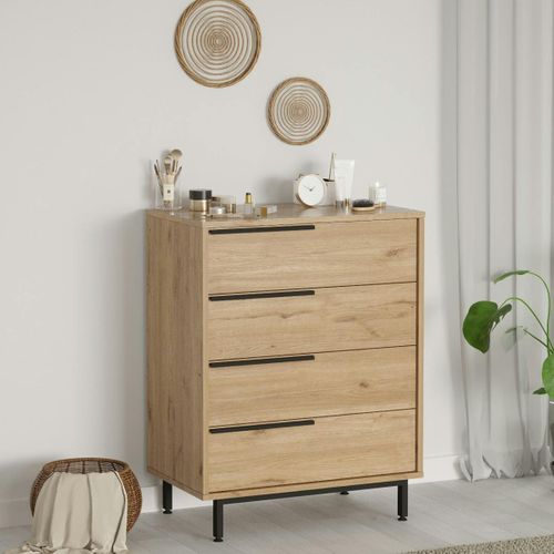 Commode Rangement 4 Tiroirs à Détails Noirs, Effet Bois Jena