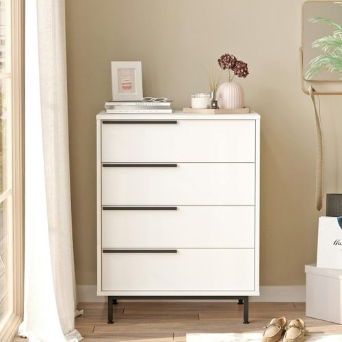 Commode Haute Blanche à Détails Noirs, 4 Tiroirs Jena