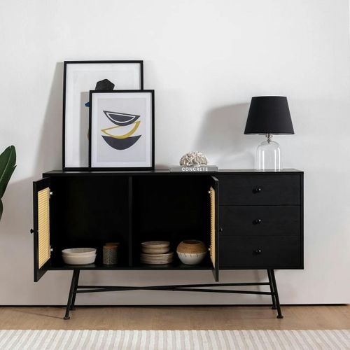 Buffet Noir Bohème Avec Cannage, 2 Portes 3 Tiroirs Varen