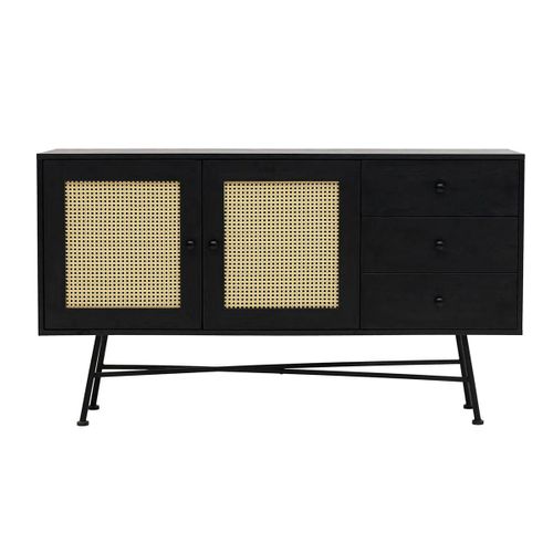 Buffet Noir Bohème Avec Cannage, 2 Portes 3 Tiroirs Varen