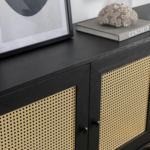 Buffet Noir Bohème Avec Cannage, 2 Portes 3 Tiroirs Varen