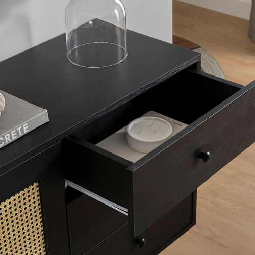 Buffet Noir Bohème Avec Cannage, 2 Portes 3 Tiroirs Varen