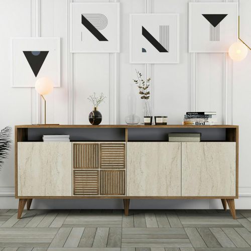 Buffet Moderne Effet Bois Et Travertin 4 Portes 2 Niches Umea