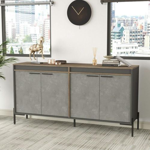Buffet Moderne 4 Portes Décor Bois Foncé, Béton Et Gris Jena